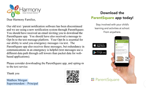 Notification to register for ParentSquare COmmunications